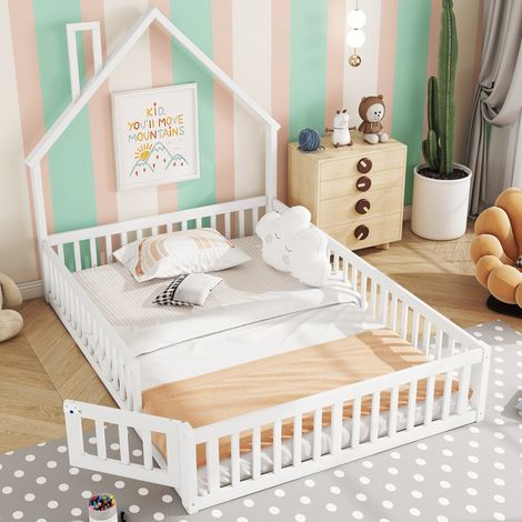 Cama infantil 140x190 con barreras de seguridad y somier de lamas, blanca, estilo chimenea HAVRYA (1/5)