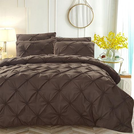 Housse de Couette Plissée 240x260 Marron Unie Parure de Lit 2 Personnes Adulte Linge de Lit Uni Unie Parure Housse Couette Zippée 240 x 260 avec 2 Taies d'oreiller 65x65 cm Fermeture Éclair (1/5)