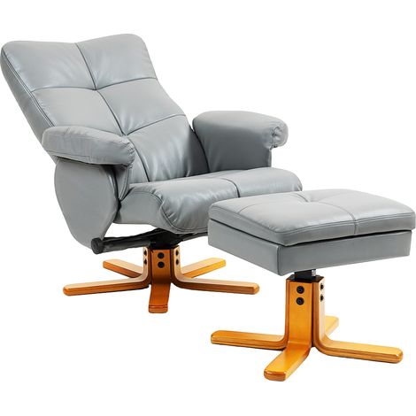 PU Lear Swivel Recliner Chair with Footstool, Wooden Base and Storage for Living Room, Light Grey (1/5)
