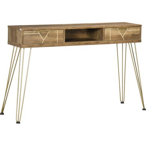 Mobile consolle con 2 cassetti, ripiano a giorno e gambe in acciaio, 120x29x79 cm, in legno e bronzo.
