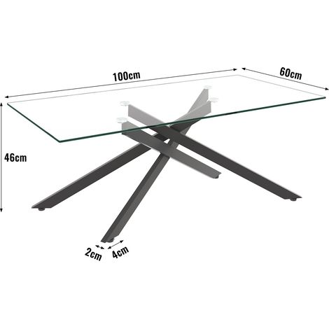 Table basse rectangulaire verre trempé noir, piètement métal fin, design contemporain pour séjour - Hauteur 46 cm, Longueur 100 cm, Profondeur 60 cm (1/5)