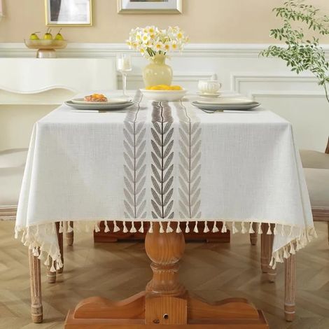 Nappe rectangulaire lin-coton, motif pompons, style moderne, pour table salle à manger (1 - Blé - Beige 220 x 140 cm (Rectangulaire) (1/5)