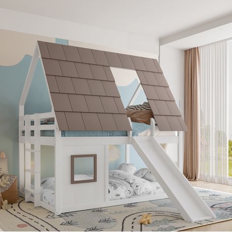 Letto a castello a casetta bambini 140x200 cm con tetto, scala, scivolo e rete a doghe, senza materasso, bianco e marrone (1/5)