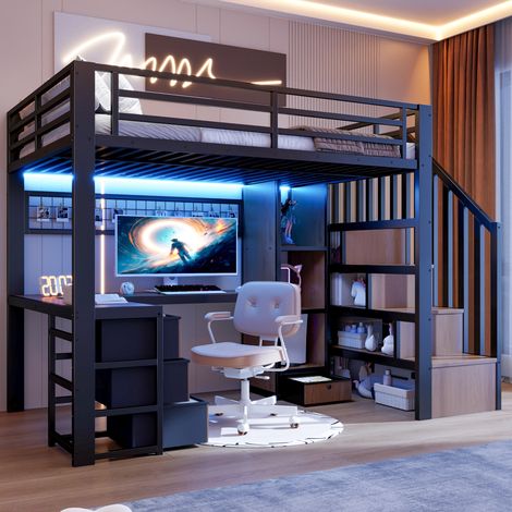 Lit Mezzanine en Métal 90x200 cm avec Bureau Intégré, 4 Tiroirs, Éclairage LED, Étagère de Rangement, Grillage de Suspension - Noir (1/5)
