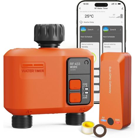WiFi 2-Way Watering Timer with Gateway 300 Meters RF, Delay Rain Automatic Watering Timer with APP Control, Programmable Irrigation Timer and Remote Watering (1/5)