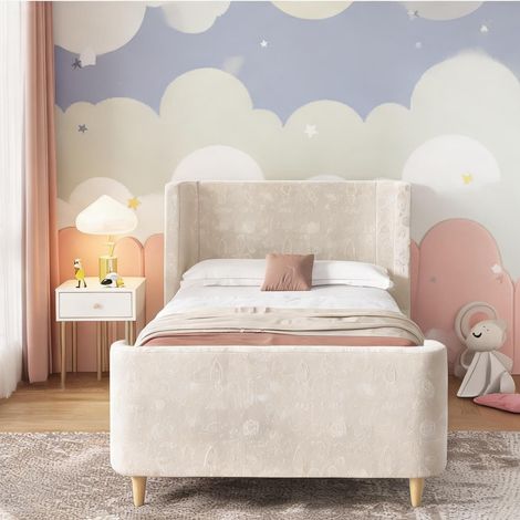 Cadre de lit beige en velours 212 x 99 x 76 cm (1/5)