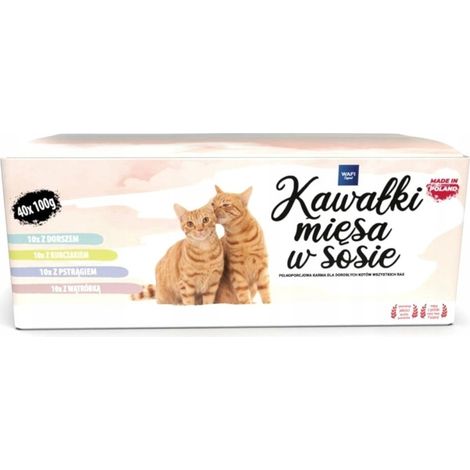 WAFI Nassfutter für Katzen, Beutel, Geschmacksmischung, 40 x 100 g, 75 % Fleisch in Stücken