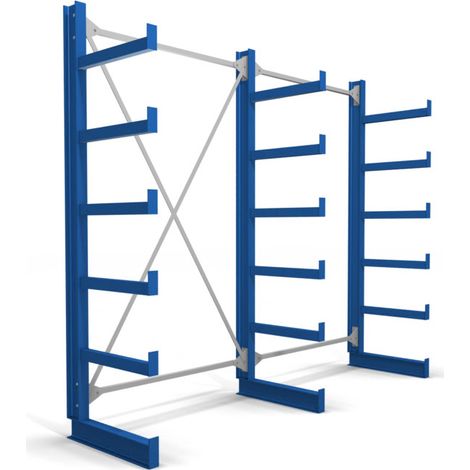 Rayonnage à bras en porte-à-faux STIER, simple, 2 travées avec 5 niveaux 2600x2000x500 mm, bleu gentiane
