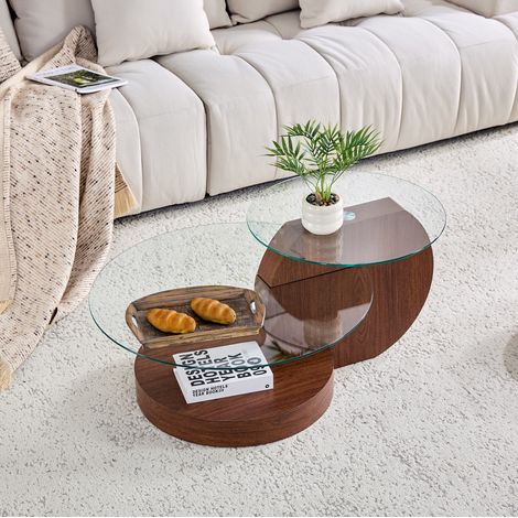 MODFU – Tavolino rotondo a 2 livelli Ø50/70 cm in MDF e vetro con piani sovrapposti, piedini antiscivolo e montaggio 10-20 min – Trasparente e noce (1/5)