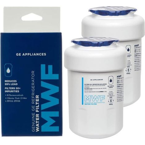 Ricambi per frigorifero - Confezione da 2 filtri per l'acqua del frigorifero GE MWF, filtro di ricambio originale, certificato per ridurre piombo, zolfo e oltre 50 altre impurità. (1/5)