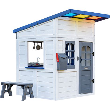 Teamson Kids Rainbow Shade Wooden Playhouse in White with Colorful Roof, Kitchen, Bench, Mailbox & Doorbell, Encourages Creativity & Social Skills (1/5)