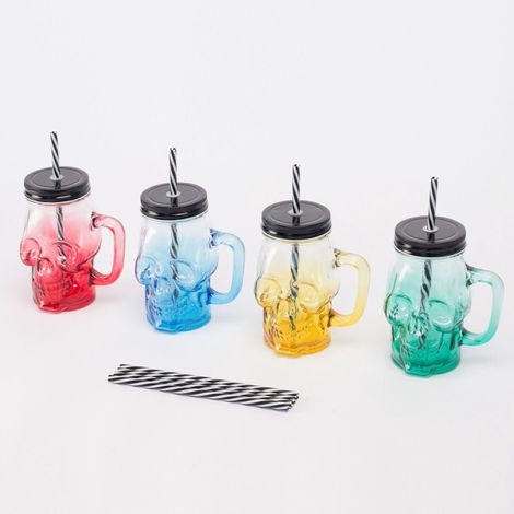 Totenkopf-Brillen-Set mit Deckeln und Strohhalmen, 4er-Pack