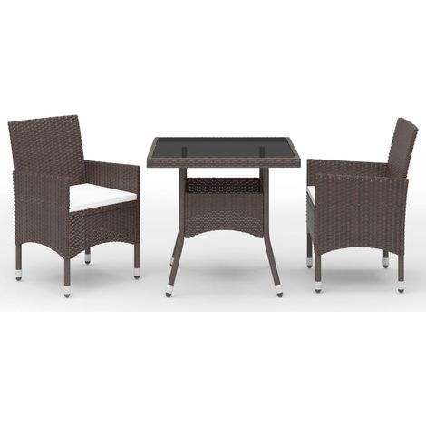 3-tlg. Garten-Essgruppe Braun Poly Rattan und Glas