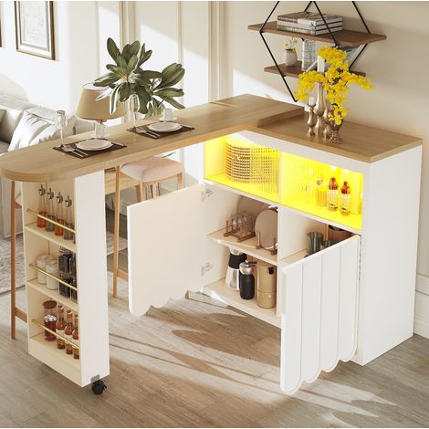 Tavolo bar mobile estensibile 135x39x100 cm con LED, ruote frenate, ripiani, MDF e vetro bianco (1/5)