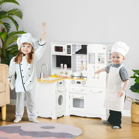 Cuisine pour Enfant 3-6 ans Jeu d'imitation Nombreux Accessoires rangements évier, robinet, four, micro-ondes, téléphone et Blanc