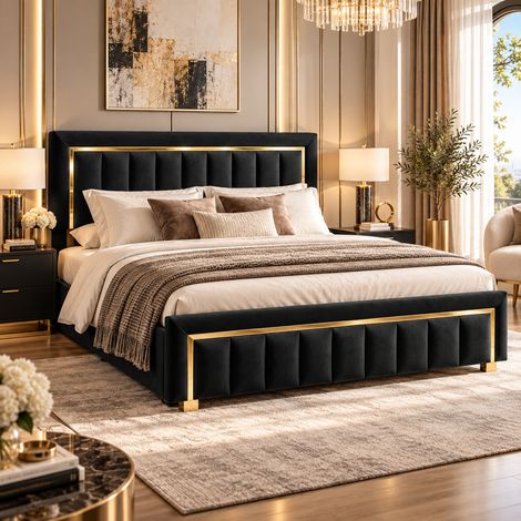 Lit coffre 160x200 cm avec sommier, lit double en velours noir avec rangement hydraulique, tête de lit rembourrée avec finition dorée, design chic pour chambre