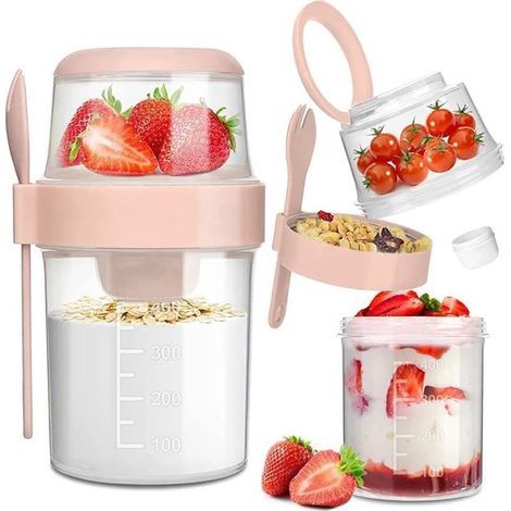 Salade en bol pour le petit-déjeuner - Boîte à lunch rose - Compatible lave-vaisselle - Pour des repas sains - Design 2 en 1 - Femmes et étudiantes - PP résistant - Rose - 310 ml + 560 ml - 1 ensemble (1/5)