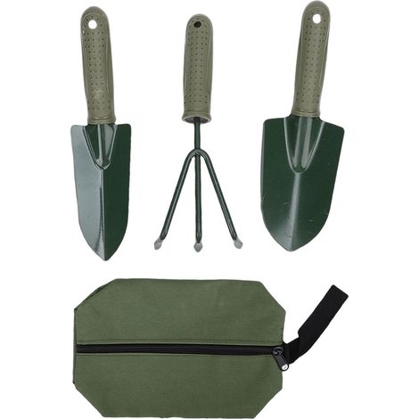 Set outils jardin poignée ergonomique – Pelle large et étroite, râteau 3 dents avec sac jardinage (1/5)