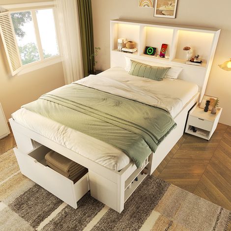 Lit junior en bois avec éclairage LED et port USB-C,lit avec tiroirs et étagères,rangement et 1 table de chevet amovible,sans matelas(90x200cm) (1/5)