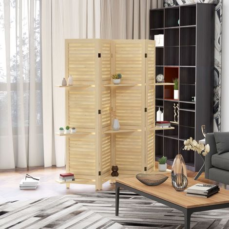 Cloison amovible Paravent intérieur 4 panneaux 160L x 170H cm 3 étagères pliables séparateur de pièce portes persiennes naturel (1/5)