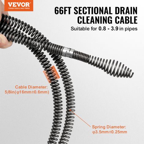 Câble de nettoyage de canalisations, 20 m x 16 mm, câble de tarière de vidange d'égout noyau creux sectionnel professionnel, 7 coup… (1/5)
