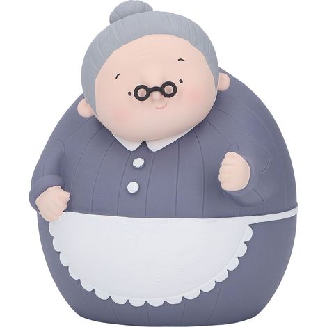 Tirelire décorative en vinyle représentant une vieille dame, avec petit panier, idéale pour les parents. (1/5)