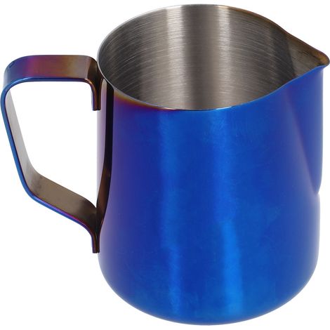 Pitcher à lait inox 600ML pour mousse à café, bec verseur pointu et échelle graduée intérieure, couleur bleu (avec étiquette) (1/5)