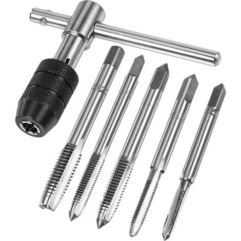 Llave de carraca plateada con mango en T - Juego de 6 herramientas para machos de roscar M3-M8 (1/5)