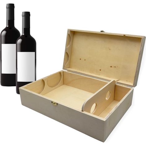 Scatola Porta Bottiglie per 2 Bottiglie di Vino in Legno Elegante e Resistente, con Coperchio e Chiusura di Sicurezza - Dimensioni: 35x19x10,5 cm (1/5)