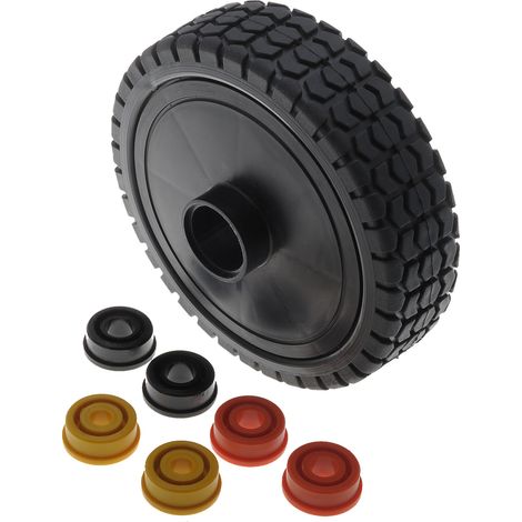 Jardiaffaires – Roue de tondeuse universelle 180mm – Largeur 43mm – Moyeu 38mm – Jeux de bagues 8/10/12/12,7mm inclus