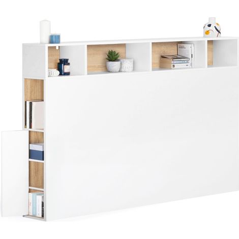 Idmarket – Tête de lit 165 cm avec rangements fermés et niches – Structure en PB 15 mm – Coloris blanc et hêtre – Adaptable aux lits 160 cm
