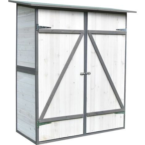 Melko – Armoire de jardin en bois épicéa blanc/gris 162 x 140 x 75 cm – Toit monopente avec étagère – Porte à double battant avec serrure (1/5)