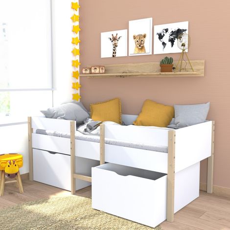 Halbhohes Bett ZEPHIR 90x190 + 2 große Schubladen + Lattenrost / Weiß & Naturlack/ 199x100x81 cm (1/5)
