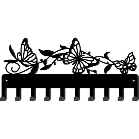 Schmetterlingsförmiger, wandmontierter Schlüsselhalter mit 10 Haken, schwarzem Rankenmuster, aus Eisen, dekorativer Organizer für Taschen, Kleidung und Schlüssel.