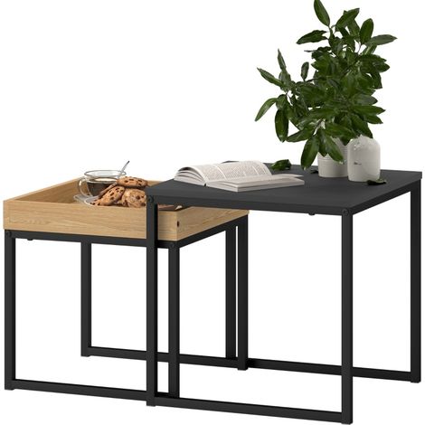 CHICFURN Juego de 2 mesas de centro 45x45x45 cm negras de acero y MDF para espacios pequeños (1/5)