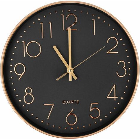 Horloge murale silencieuse 25cm – Cadran noir avec chiffres dorés – Miroir en verre haute définition – Design moderne or rose (1/5)