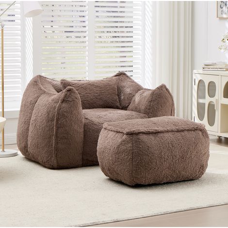Sillón puff (57x46x38 cm), con reposapiés, diseño ergonómico, tejido de pelo sintético, caqui (1/5)