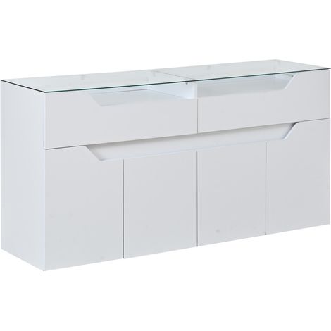 Buffet en MDF blanc avec plateau en verre trempé 140x40x70 cm, 2 tiroirs, rangement pour salle à manger et salon (1/5)