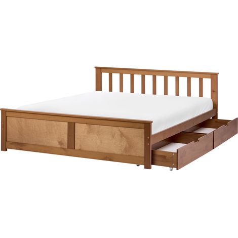 Cama con somier de madera de pino MDF minimalista con almacenaje 2 cajones 140 x 200 cm marrón Olendon