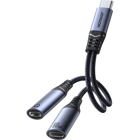 Adattatore caricabatterie 2 in 1 + cuffie USB-C a 2x USB-C nero (1/5)