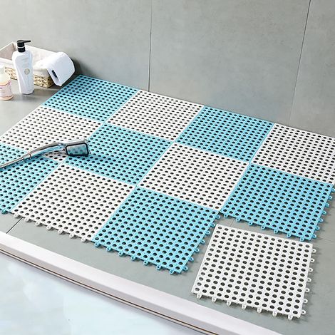 Lot de 10 Dalles de sol de emboîtables, Tapis de bain antidérapant en assembler de forme carrée 3030cm avec trous de drainage (bleu et blanc) (1/5)