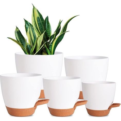 5-Piece Plastic Flower Pots, Self-Watering Planters with Drainage Hole, 7/6.5/6/5.5/5 inches, White (1/5)