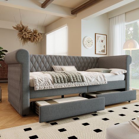 Divano letto 90x200 cm grigio in lino con 2 cassetti e schienale imbottito (1/5)