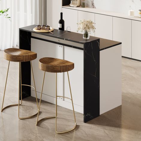 Îlot de cuisine, Îlot avec comptoir-bar, Table de cuisine et comptoir-bar, Table de cuisine multifonctionnelle avec espace de repos pour animaux, pour cuisine et salle à manger — Blanc et aspect marbr