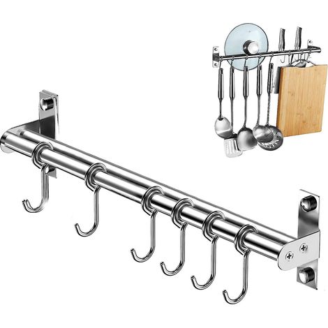 Küchenutensilienhalter, wandmontierte Küchenutensilienstange mit 6 verschiebbaren Haken, Edelstahl-Utensilien-Hängeregal für Badezimmer/Garage/Schlafzimmer, 40 cm (1/5)