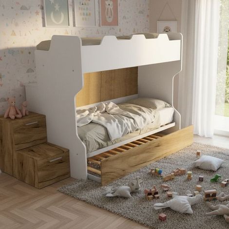 Letto a castello salvaspazio con scala a cassettoni e camminatoio - Bianco e Quercia