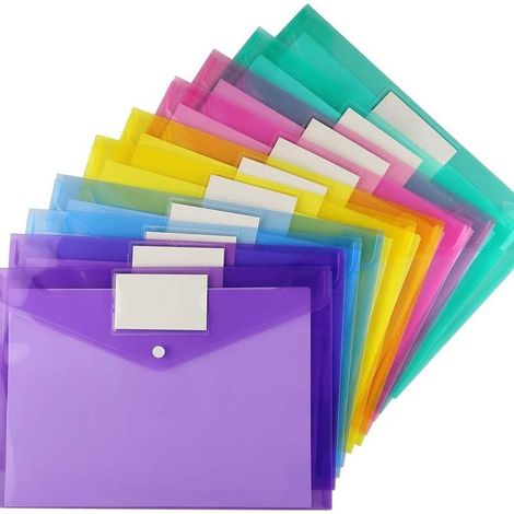 A4 Dokumentenmappe, 6 Farben, transparente PVC-Ordner, Mappen mit Klappe, Druckknopfverschluss und Etikett, für Büro, Reisen, Zubehör (12 Stück) (1/4)