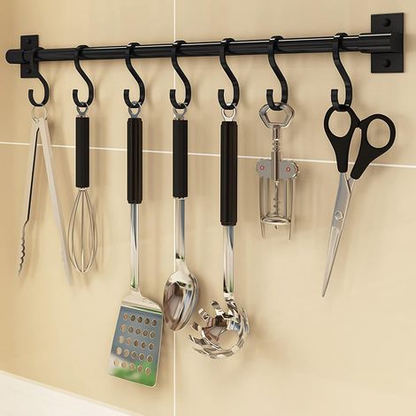 Crochet de cuisine mural incurvé sans poinçon salle bain étagère rangement accessoires non 6x50 cm Noir (1/3)