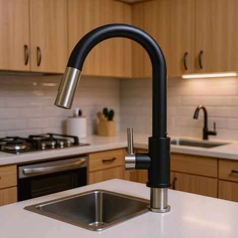 Cross-border 304 Stainless Steel Pull-out Kitchen Faucet, Brushed Gold, Hot and Cold Water Faucet, Lead-free Sink and Dishwasher Faucet - Black and Gold [Straight Pull-out Head]