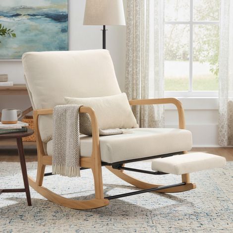 Fauteuil à bascule nordique avec repose-pieds, dossier réglable, revêtement en velours côtelé, pieds et accoudoirs en bois, coussin crème (1/5)